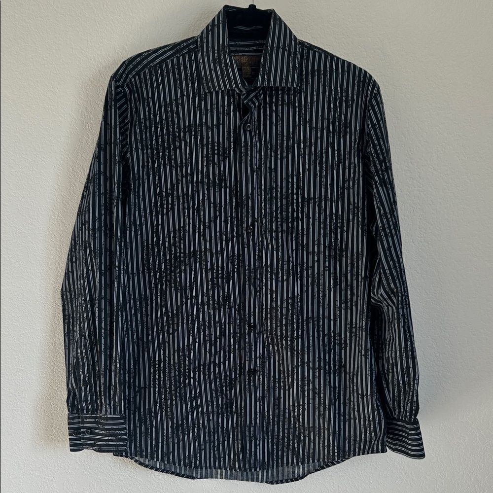 Blue Pronto Uomo Dress Shirt Black & Blue Striped w Vine Leaf Overlay Sz M